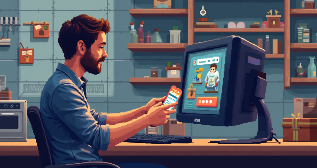 a pixel art image of person purchasing something online using a computer