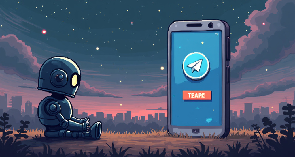 an 8bit pixel art image of a cute robot looking at a Telegram message on a giant mobile phone screen