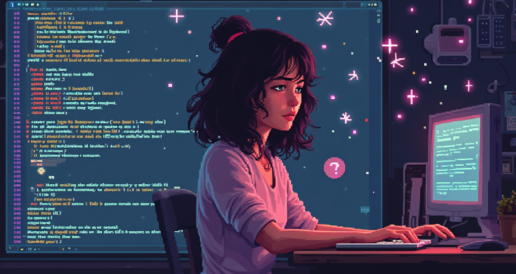 a pixel art image of a woman looking busy and seeing words flying around in a text editor