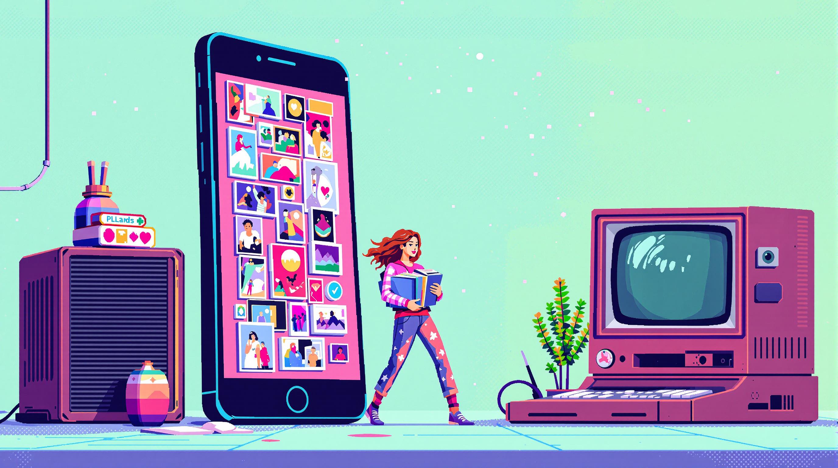 an 8bit pixel art image of a woman  carrying photo albums between a gigantic mobile phone and a retro computer, halucination